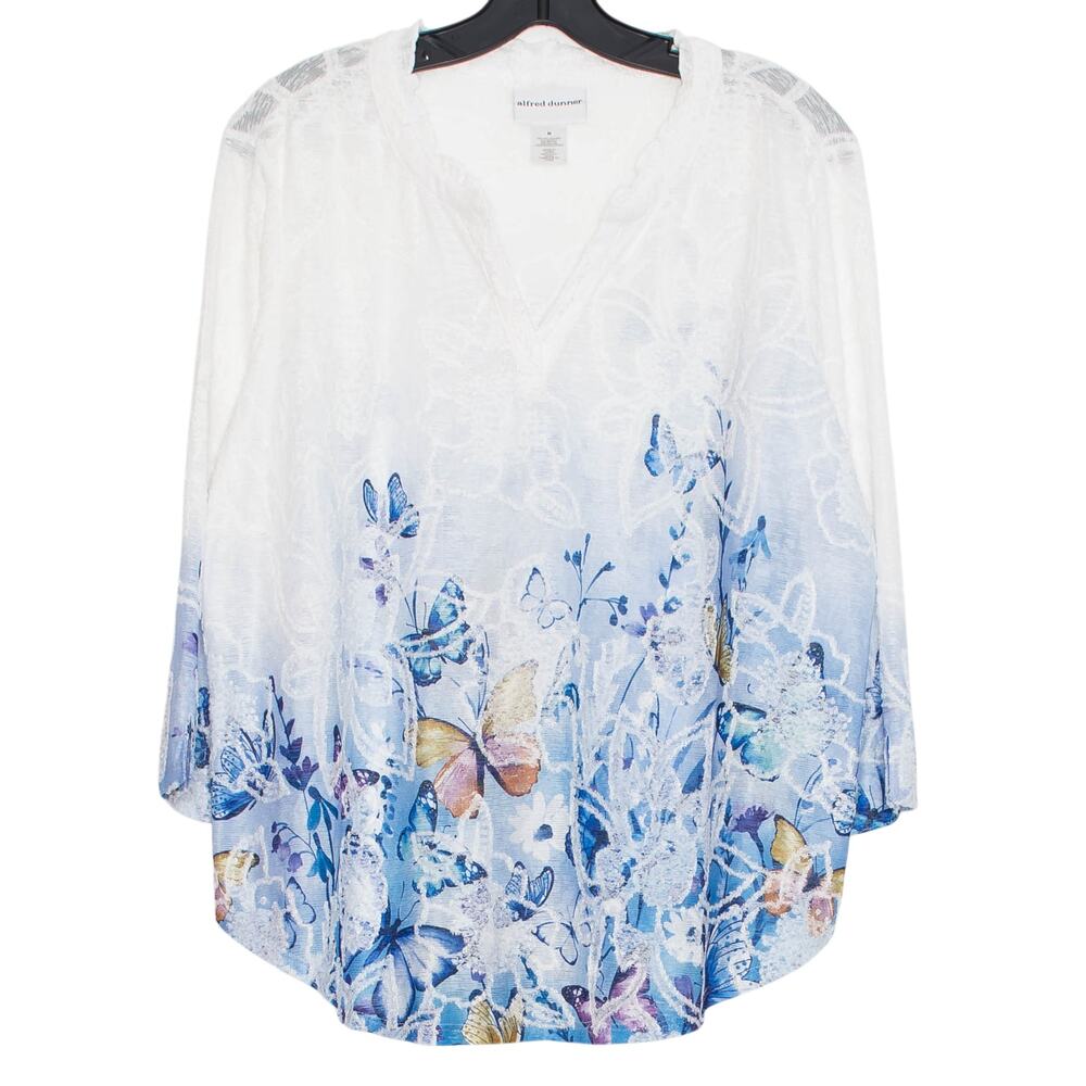 Top Sheer Butterfly Boho Peasant White 3/4 Sleeve Lightweight Flowy Spring M